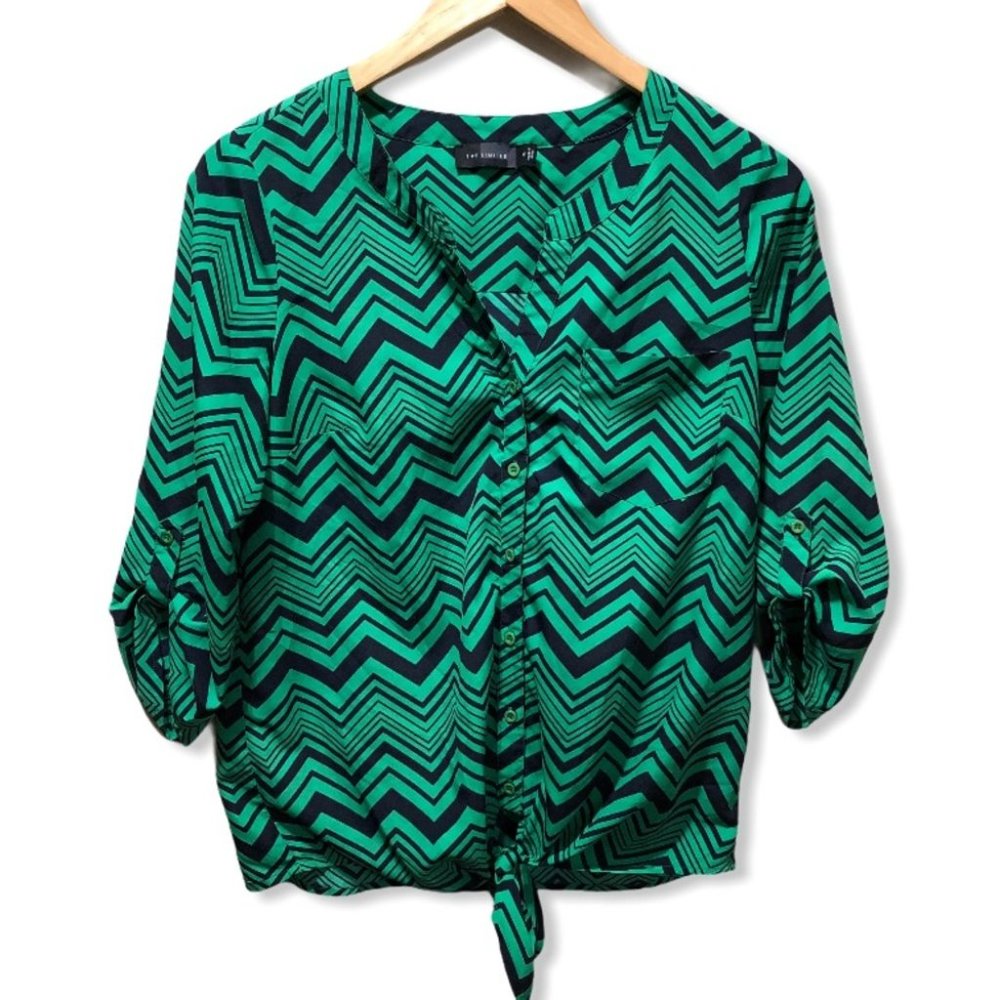 {The Limited} Green Chevron Tie Front Blouse